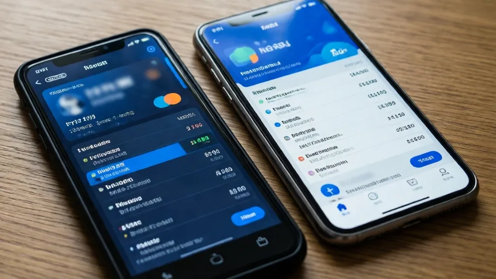 Two phones showing dark and light mobile banking home screens