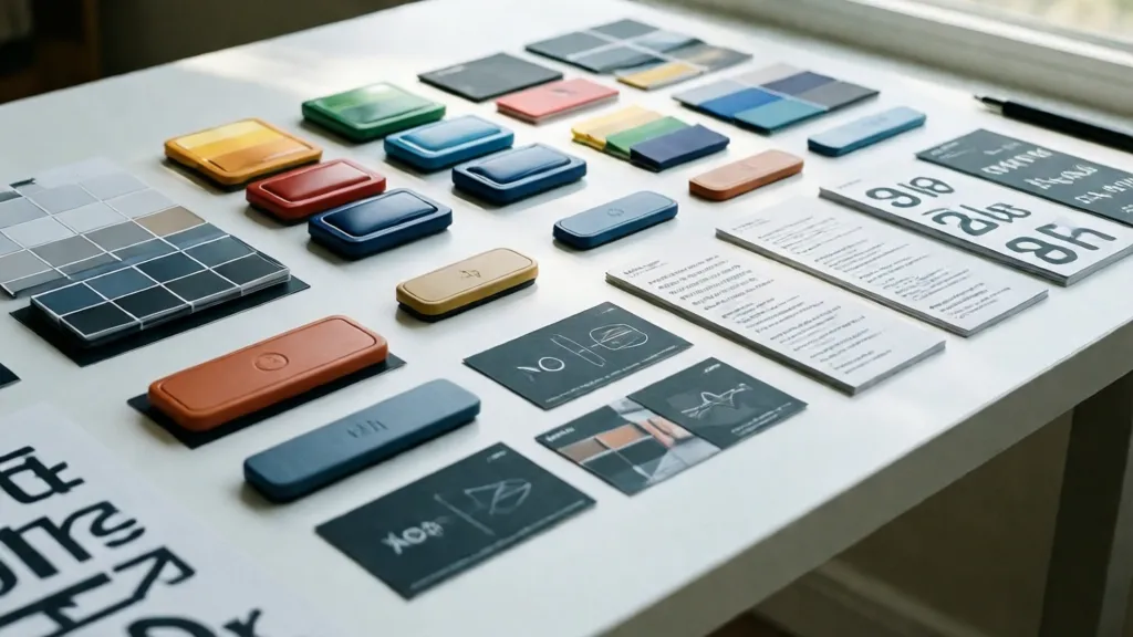 Flat lay of design system components and type cards